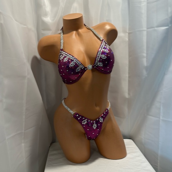 Npc wellness Bikini suit purple hologram 32B small bottom handmade NWT